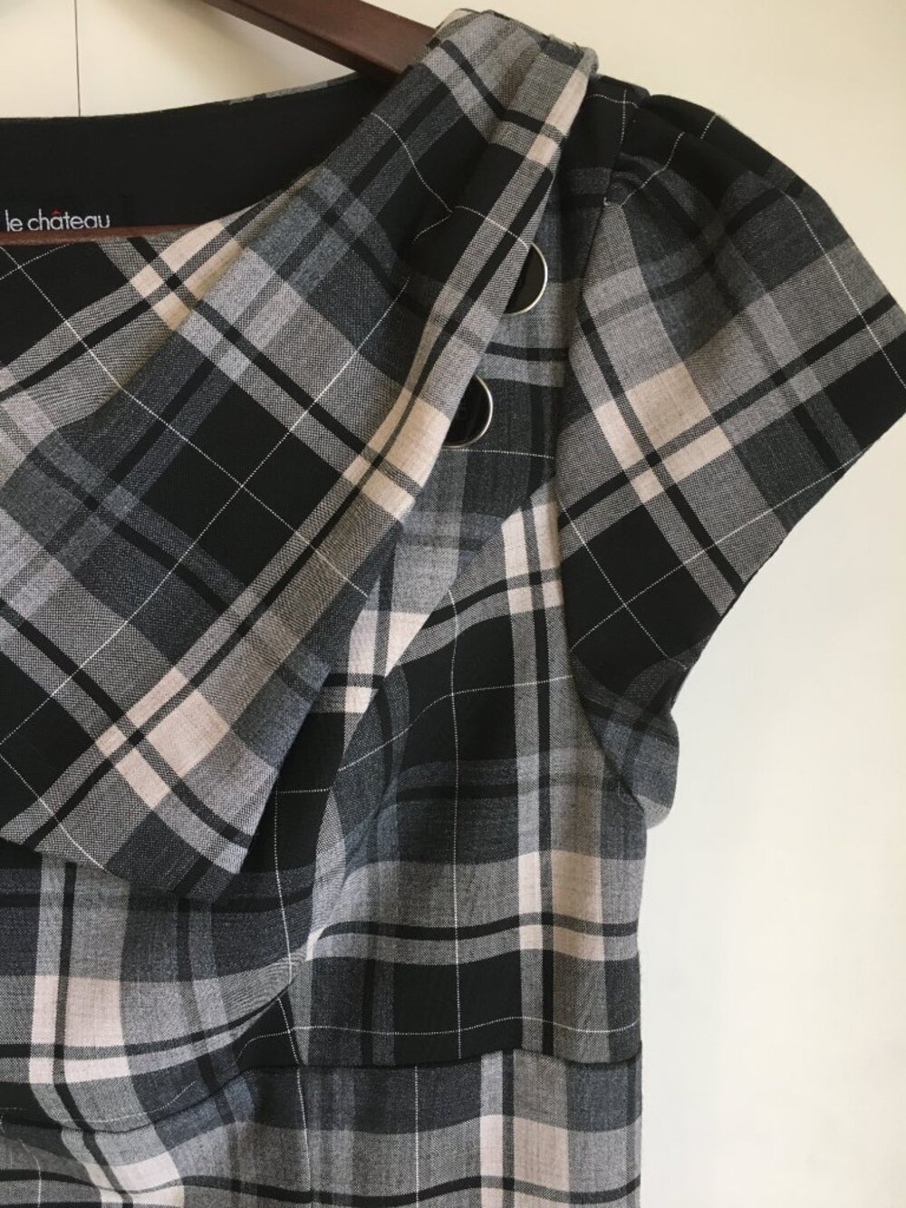 Vintage 90s Le Chateau Plaid Indie Cap Sleeve Large Folded Collar Midi Dress - S - Picture 5 of 16